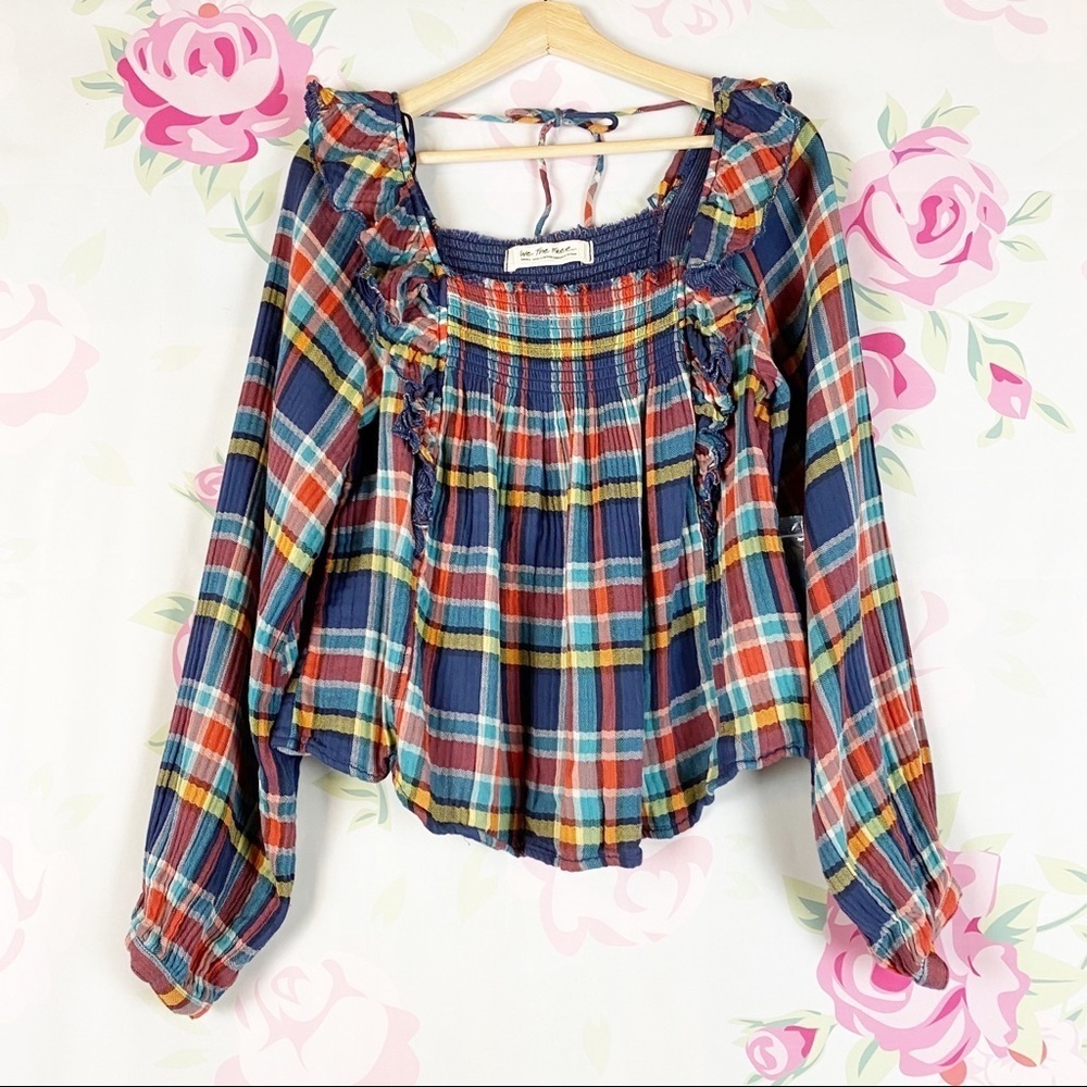 NEW Free People Siena Plaid Checkered Pullover Tie Blouse S